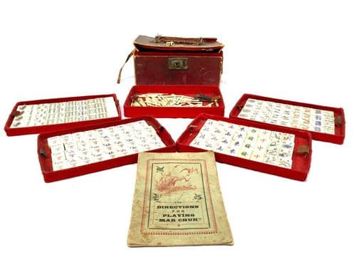 Antique Bone And Bamboo Mahjong Set In Travel Case / Box Mah Jong Game